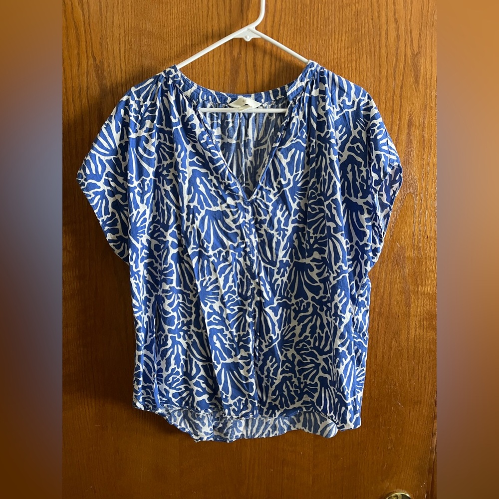 H&M Blue and White Printed V-Neck Blouse